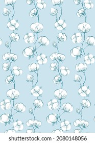 Seamless delicate pattern with sketches of cotton plant and stems on blue background. Vector gentle outline herbal texture with stems with fluffy balls. Contour natural wallpaper