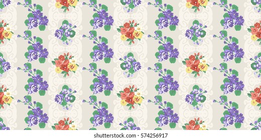 Seamless delicate pattern of small flower bouquets. Floral striped background for wallpapers, textile, book covers, manufacturing,  print, gift wrap and scrapbooking. Trendy colors millefleurs.