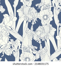 Seamless delicate pattern with spring line flowers. Bright spring  daffodils, tulips illustration. Vintage blue colors.