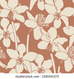 Seamless delicate pattern with spring line flowers. Beige spring  daffodils illustration.