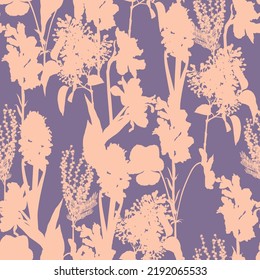 Seamless delicate pattern with spring line silhouette flowers. Bright spring  flowers illustration.