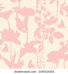 Seamless delicate pattern with spring line flowers silhouette. Bright spring  flowers illustration.