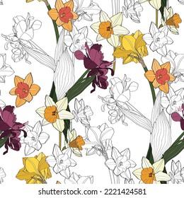 Seamless delicate pattern with spring line flowers. Bright spring  daffodils, tulips illustration.