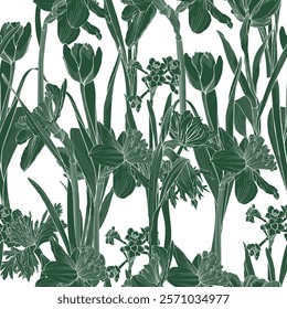 Seamless delicate pattern with spring line flowers. Bright spring  daffodils, tulips illustration.