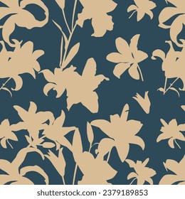 Seamless delicate pattern with spring tropical line silhouette flowers. Bright spring flowers illustration.