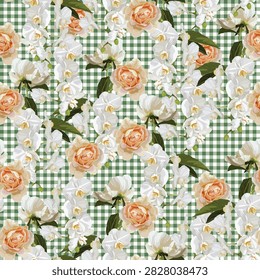 Seamless delicate pattern with tropical and garden flowers. Bright flowers illustration. Green checkered background.