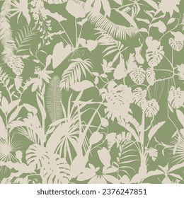 Seamless delicate pattern with  tropical line silhouette flowers and leaves. Bright tropical rainforest illustration.