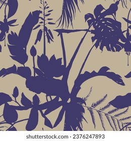 Seamless delicate pattern with  tropical line silhouette flowers and leaves. Bright tropical rainforest illustration.