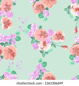 Seamless delicate pattern of viola bouquets. Summer flowers. Floral shabby chic seamless background for textile or book covers, manufacturing,