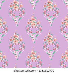 Seamless delicate pattern of viola bouquets. Summer flowers. Floral shabby chic seamless background for textile or book covers, manufacturing,