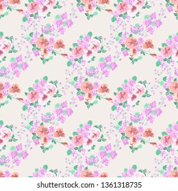 Seamless delicate pattern of viola bouquets. Summer flowers. Floral shabby chic seamless background for textile or book covers, manufacturing,