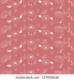 Seamless delicate pattern of white contour flowers and butterflies scattered over a coral background