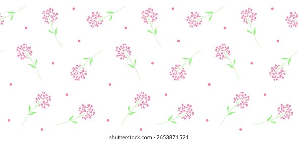 seamless delicate pink phlox flower pattern with scattered polka dots on a clean white background for spring and summer designs