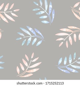 Seamless delicate plant pattern   made by hand in vector. Watercolor texture. Pink and blue on the grey.  Easy to use for wrapping paper, textile, fabric, romantic background. 

