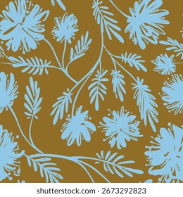 Estilo retrô de tinta vintage vetor floral linear moderno e delicado. Branches deixa elementos padrão de grama feito à mão para decoração, têxteis, cartões postais, design de impressão azul sobre fundo marrom