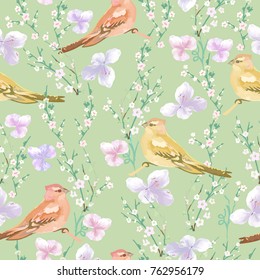 Seamless delicate watercolor pattern with birds and flowers. Vector print for wallpaper, fabric design..