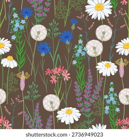 Seamless delicate wildflower meadow pattern on dark brown background, soft botanical illustration with daisies dandelions herbs and field flowers for textile design