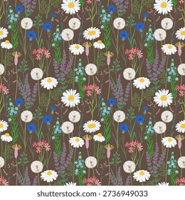 Seamless delicate wildflower meadow pattern on dark brown background, soft botanical illustration with daisies dandelions herbs and field flowers for textile design