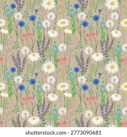 Seamless delicate wildflower meadow pattern on beige earthy background, soft botanical illustration with daisies dandelions herbs and field flowers for textile design