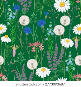 Seamless delicate wildflower meadow pattern on dark green background, soft botanical illustration with daisies dandelions herbs and field flowers for textile design