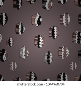 Seamless delicious cupcakes and muffins vector cartoon on gray, black and white. Chocolate birthday dessert cupcake illustration.