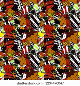 Seamless delicious cupcakes and muffins vector cartoon on black, red and white. Chocolate birthday dessert cupcake illustration.