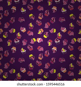 Seamless delicious cupcakes and muffins vector cartoon on purple, magenta and neutral. Chocolate birthday dessert cupcake illustration.