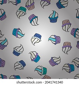 Seamless delicious cupcakes and muffins vector cartoon on neutral, blue and white. Chocolate birthday dessert cupcake illustration.