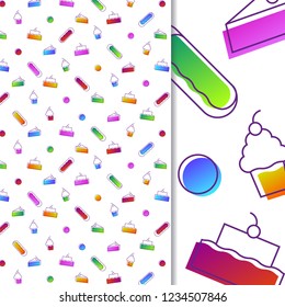 Seamless delicious desserts pattern and line icons with colorful trendy gradients on white background. For textile, interior design, announcements, greeting cards, postcards, posters, cafe branding.