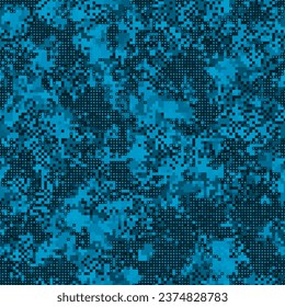 Seamless denim blue urban masking camouflage pattern. Colorful pixel blots background. Abstract fashionable camo. Denim blue, dark ocean water tones.