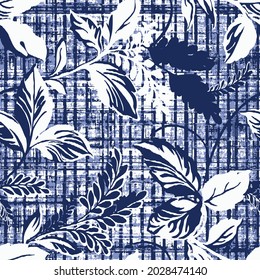 Seamless denim blue  white woven cloth floral leaf  linen texture. Two tone monochrome pattern background. Modern textile weave effect. Masculine leaf, floral, line  motif repeat vector  print.