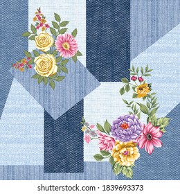 seamless denim patchwork pattern on flower 