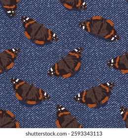 Seamless denim pattern with admiral butterfly with spread wings. Top view. Boho style. Grunge textured background.