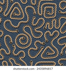 Seamless denim pattern with creatively wavy bent rope, lacing on blue jeans texture. Vintage style.