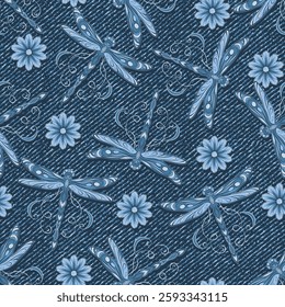 Seamless denim pattern with flying dragonflies with spread wings, curled antennae, scattered chamomile flowers. Random composition. Boho style. Dotted textured background.