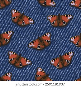 Seamless denim pattern with peacock butterfly with spread wings. Top view. Boho style. Grunge textured background.