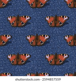 Seamless denim pattern with peacock butterfly with spread wings. Elements are arranged alternately. Top view. Boho style. Grunge textured background.