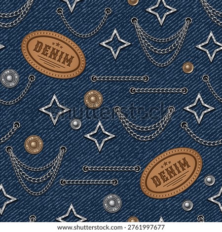 Seamless denim themed pattern with leather brand patches, metal trims, silver chains, stars. Grunge jeans texture on background. Print in vintage style for clothing, textile fashion design