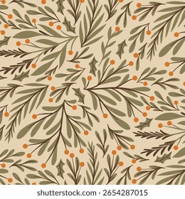 Seamless Dense Autumn Foliage Pattern with Olive Branches and Orange Berries on Beige Background
