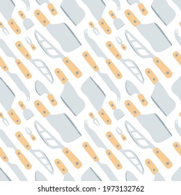 Seamless dense pattern with cheese knives. Blades for cutting, slicing and serving cheese. Flat style. For prints, backgrounds, wrapping paper, textile, wallpaper, etc. 