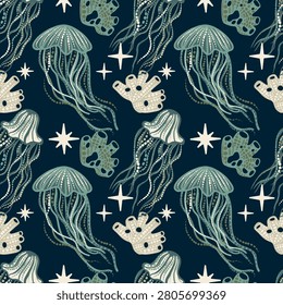 Seamless dense vector pattern with hand-drawn line art jellyfish, star motifs, and detailed coral-sponge elements. Can be used for luxury textile print, antique wallpaper design, and mosaic tile design.