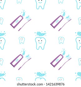 seamless dental pattern with blue smiling teeth toothpaste and toothbrush illustration of health care medicine, pediatric and adult dentistry
