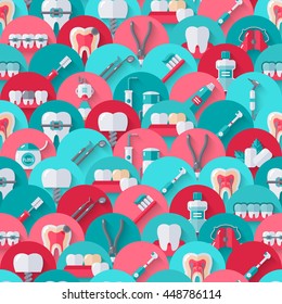 Seamless dental pattern with flat equipment icons on circles. Vector illustration. Colorful dentistry background.