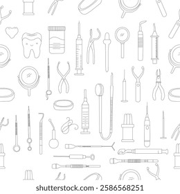 Seamless dental pattern. Dental tools and happy teeth.  Seamless dental pattern, vector line art. Seamless Pattern with Dental Icons.