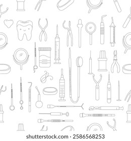 Seamless dental pattern. Dental tools and happy teeth.  Seamless dental pattern, vector line art. Seamless Pattern with Dental Icons.