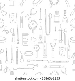 Seamless dental pattern. Dental tools and happy teeth.  Seamless dental pattern, vector line art. Seamless Pattern with Dental Icons.