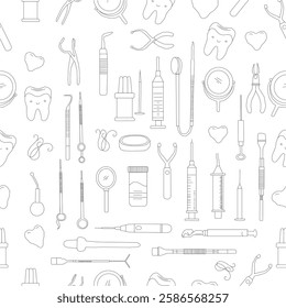 Seamless dental pattern. Dental tools and happy teeth.  Seamless dental pattern, vector line art. Seamless Pattern with Dental Icons.