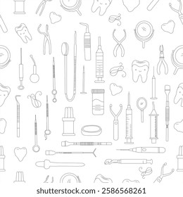 Seamless dental pattern. Dental tools and happy teeth.  Seamless dental pattern, vector line art. Seamless Pattern with Dental Icons.