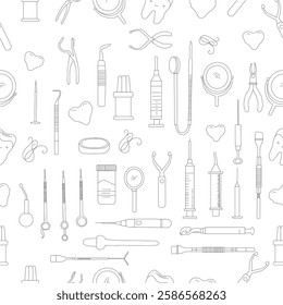 Seamless dental pattern. Dental tools and happy teeth.  Seamless dental pattern, vector line art. Seamless Pattern with Dental Icons.