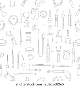 Seamless dental pattern. Dental tools and happy teeth.  Seamless dental pattern, vector line art. Seamless Pattern with Dental Icons.